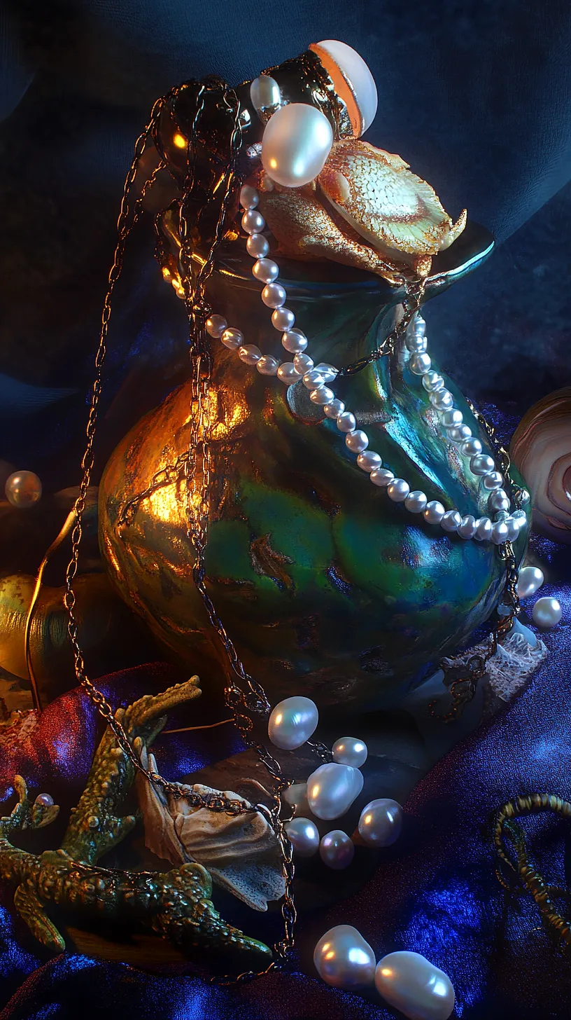 20+ Beautiful Sea Witchery Ideas Going Viral on Pinterest 21 An image showcasing a luxurious still life composition with dramatic lighting. The main focus is an ornately designed vase, accompanied by a string of pearls, a chain, and a seashell. An unexpected crab claw and reptile figurine add a unique touch to the scene, highlighting its rich textures and colors.