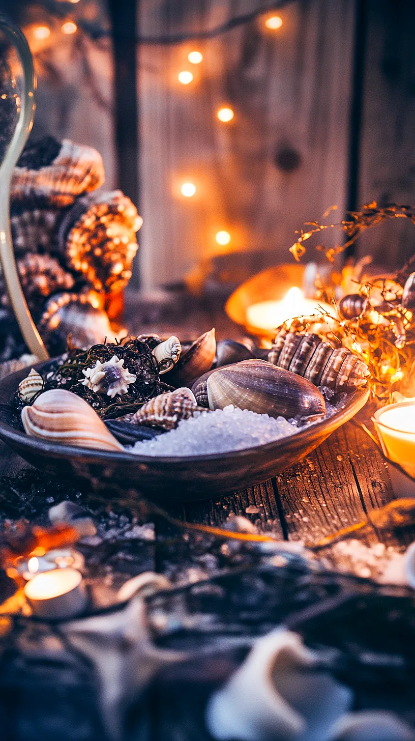 20+ Beautiful Sea Witchery Ideas Going Viral on Pinterest 2 Image of a rustic wooden surface featuring a bowl filled with seashells and seaweed, accompanied by decorative lights and candles emitting a warm glow, creating a cozy and serene atmosphere reminiscent of a beach setting at home.