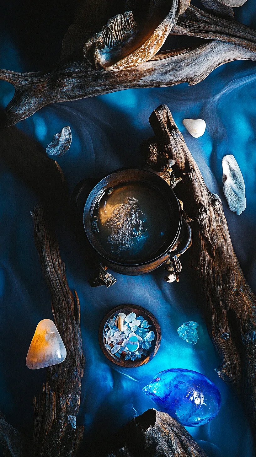 20+ Beautiful Sea Witchery Ideas Going Viral on Pinterest 5 An image of a mystical, nature-inspired design featuring a bubbling cauldron at the center, surrounded by artfully placed driftwood, a bowl of colored stones, and glowing crystals. The scene is set against a metallic blue background, creating an enchanting and serene atmosphere.