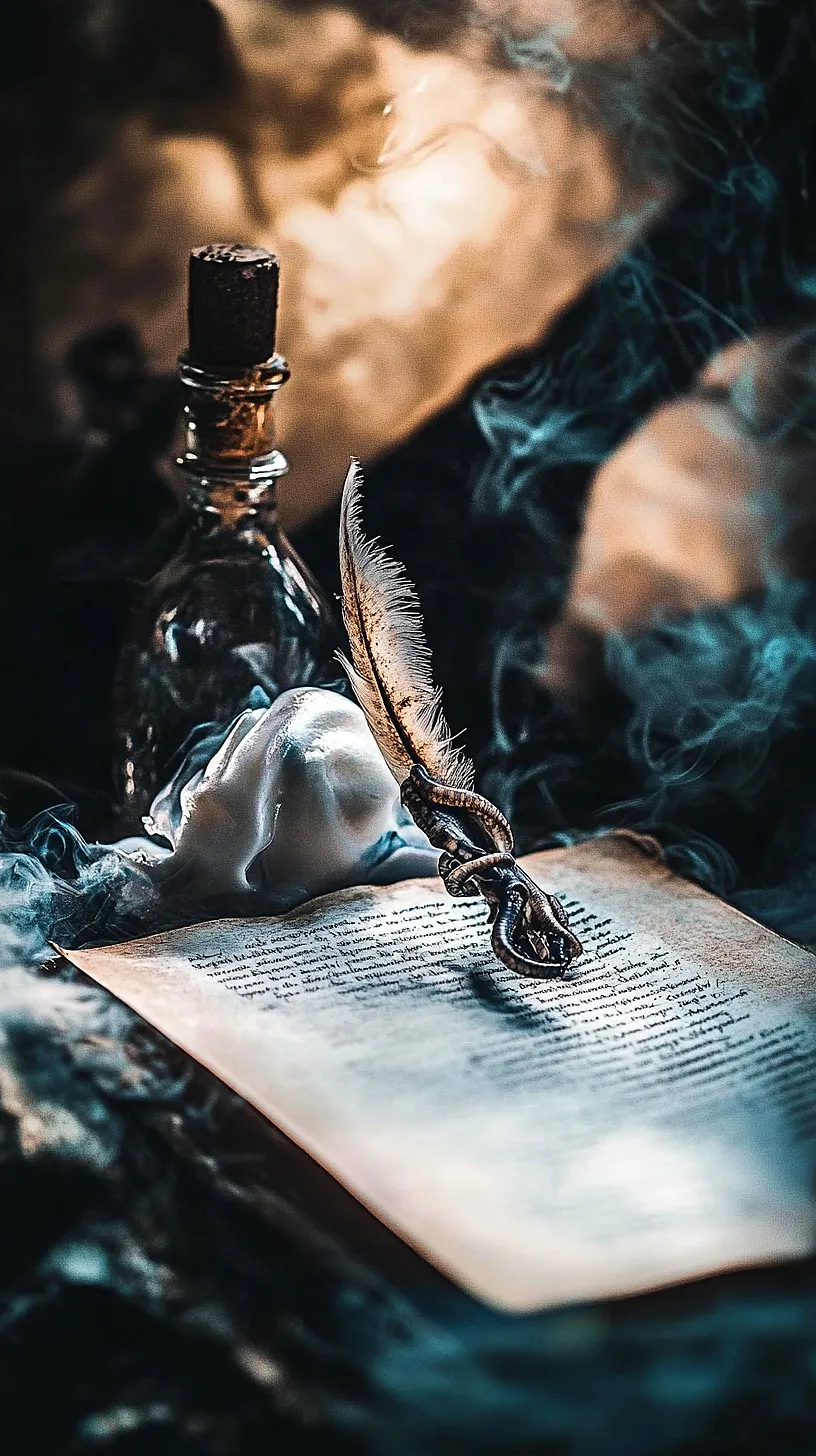 20+ Beautiful Sea Witchery Ideas Going Viral on Pinterest 13 Vintage image featuring a quill pen, handwritten script, and a decorative glass ink bottle with wisps of smoke or fog, creating a mystical, old-world atmosphere.