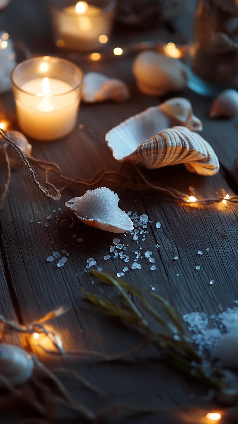 20+ Beautiful Sea Witchery Ideas Going Viral on Pinterest 3 Image of a calming, spa-like setting featuring soft candlelight, warm string lights, coarse salt scattered on a wooden surface, and rustic seashells, creating a tranquil atmosphere.