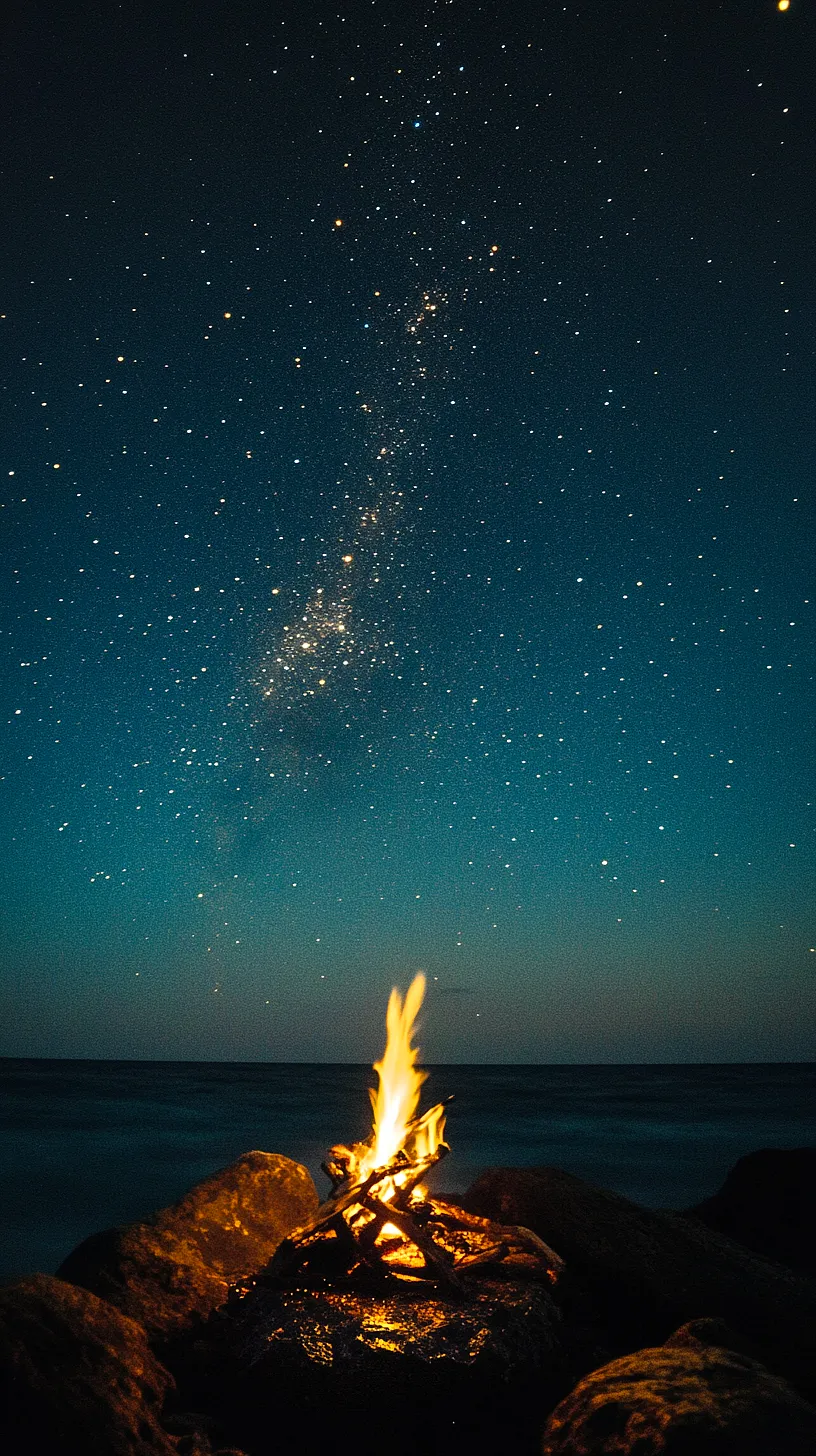 20+ Beautiful Sea Witchery Ideas Going Viral on Pinterest 11 This image depicts a serene beach scene at night with a campfire surrounded by rocks, the sea in the background, and a sky filled with countless stars, conveying a tranquil and adventurous vibe.