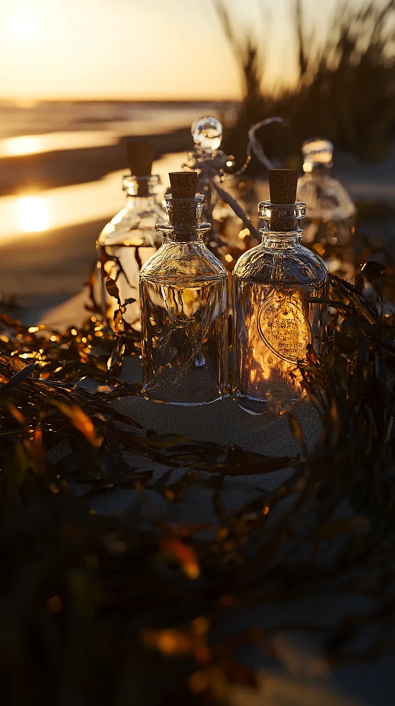 20+ Beautiful Sea Witchery Ideas Going Viral on Pinterest 14 Glass bottles nestled in seaweed, illuminated by a golden sunset, representing a romantic and mysterious scene of messages lost at sea, combining human elements with nature in a whimsical design.