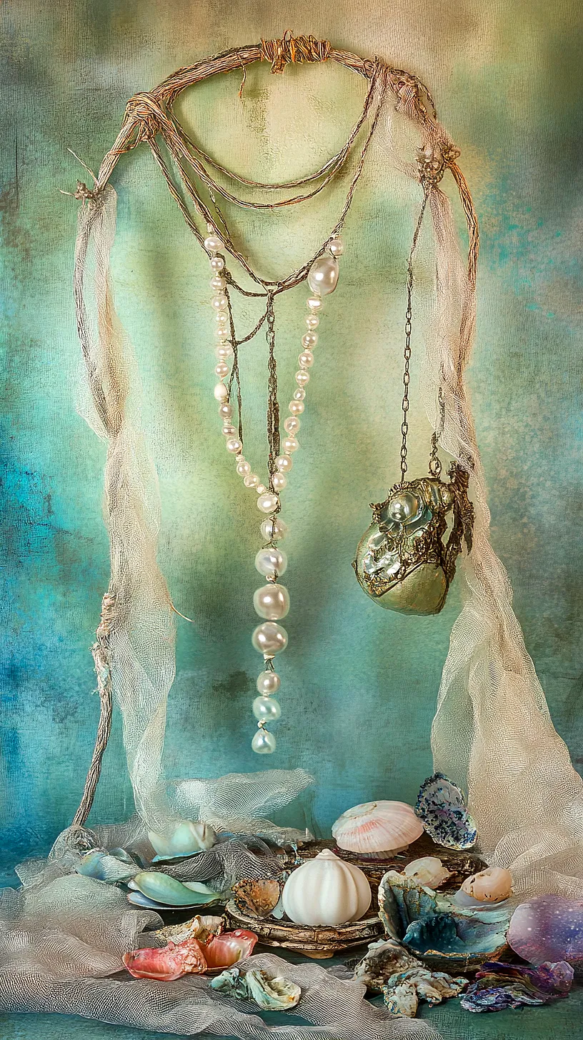 20+ Beautiful Sea Witchery Ideas Going Viral on Pinterest 20 An elegant home decor piece featuring pearls, intricate metalwork, and seashells framed by textured fabrics. The design exudes a whimsical and ethereal vibe with serene shades of blue and green in the background enhancing its aesthetic appeal.