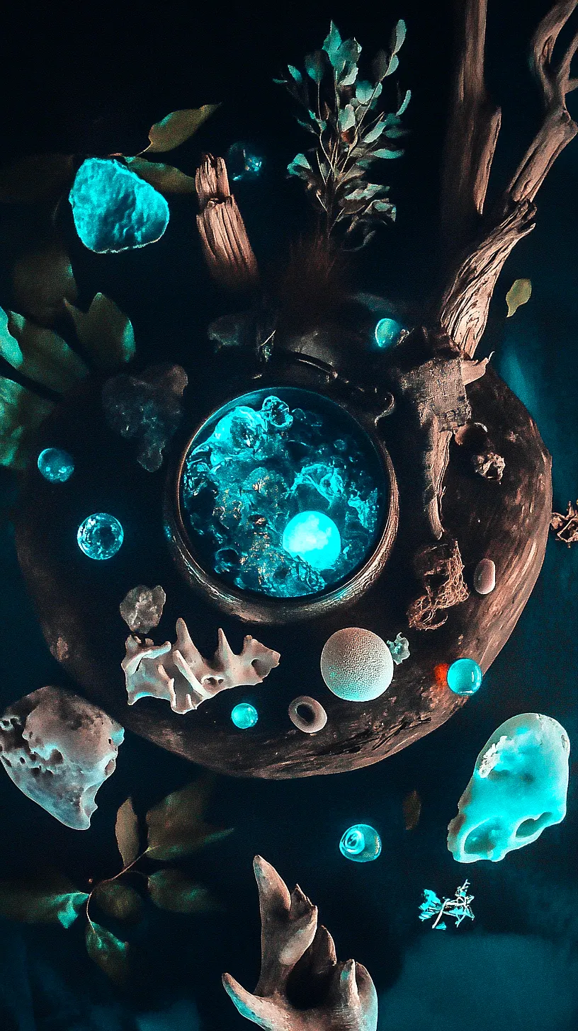 20+ Beautiful Sea Witchery Ideas Going Viral on Pinterest 4 Alt-Text: An image featuring a magical still-life scene with a glowing bowl filled with bioluminescent liquid and radiant stones or crystals as the focal point. Other elements include branches, leaves, bones, rocks, and shells, enhancing the ethereal atmosphere. The image emphasizes the fusion of art, nature, and the mystical, creating a surreal, enchanting aura.