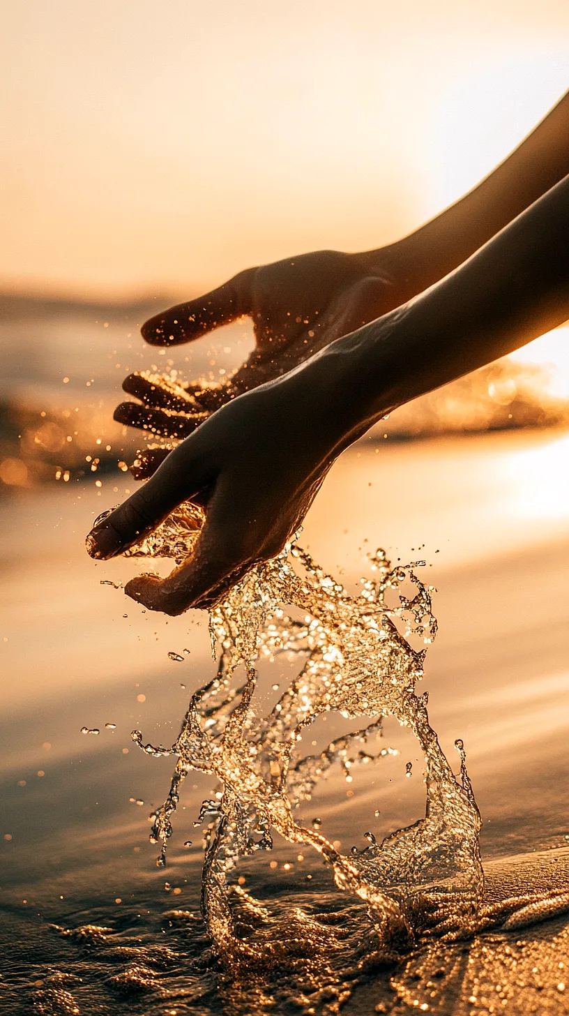 20+ Beautiful Sea Witchery Ideas Going Viral on Pinterest 6 Two hands emerging from and merging with a body of golden water, illuminated by the soft light of sunrise or sunset, with each droplet of water catching the light. The image conveys a serene and warm atmosphere, encapsulating the beauty and mystery of nature.