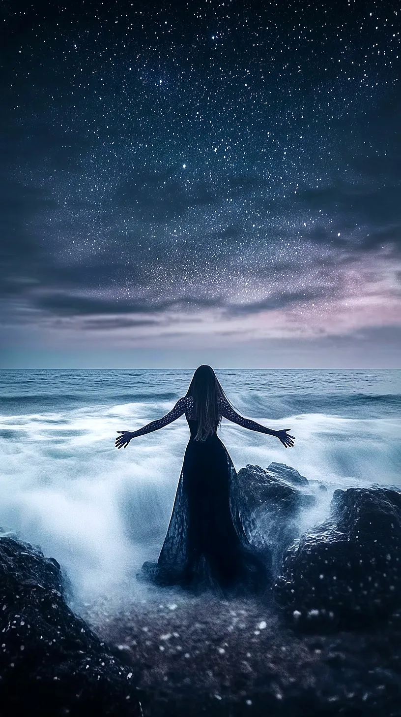 20+ Beautiful Sea Witchery Ideas Going Viral on Pinterest 10 An image depicting a tranquil ocean meeting a dramatic, star-filled sky, evoking a sense of standing on the edge of the universe, filled with curiosity and wonder.
