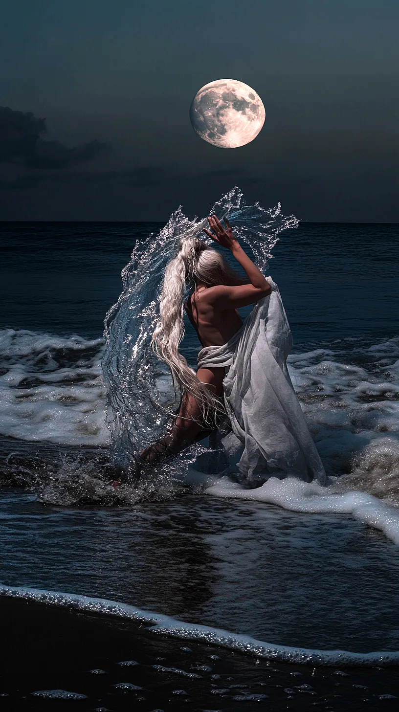 20+ Beautiful Sea Witchery Ideas Going Viral on Pinterest 18 An enigmatic figure immersed in an ocean under the gleaming moonlight, creating dynamic water splashes, depicting a mystical and dramatic scenery from a fantasy setting.