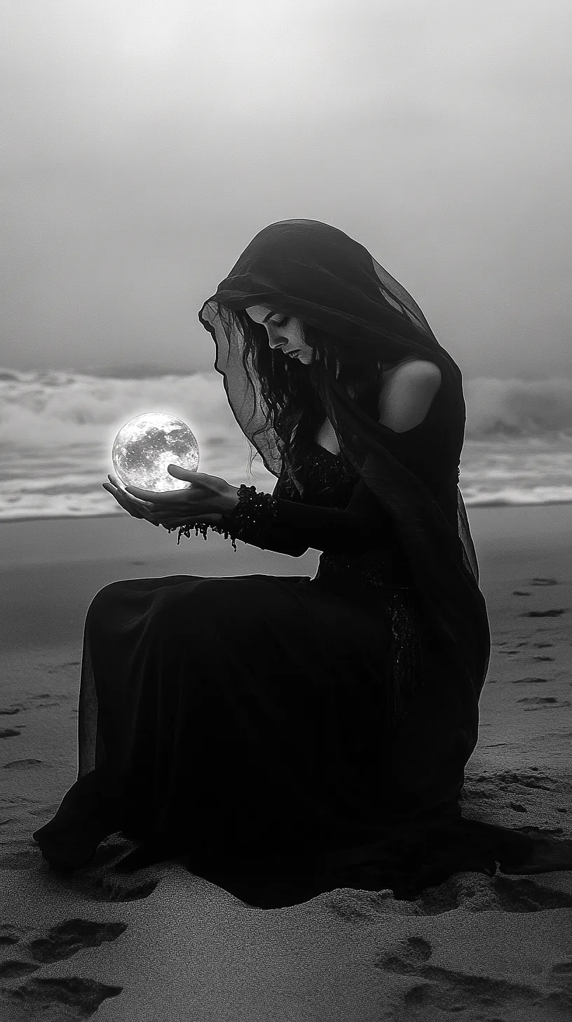 20+ Beautiful Sea Witchery Ideas Going Viral on Pinterest 16 A solitary figure in a hooded cloak holding a glowing orb reminiscent of the moon, standing on a beach with gentle waves, creating an ethereal and mysterious aesthetic.