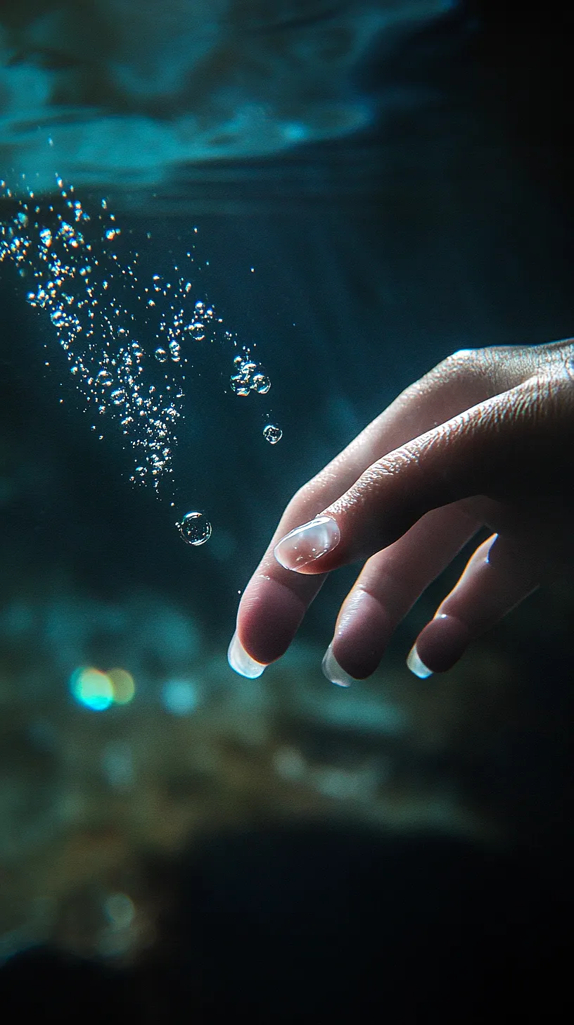 25+ Aesthetic Sea Witchery Nails You Will Adore 19 Artistic design of an underwater scene with rising air bubbles against a dark blue background, creating a serene and ethereal ambiance, symbolizing tranquility and mystery of the ocean.