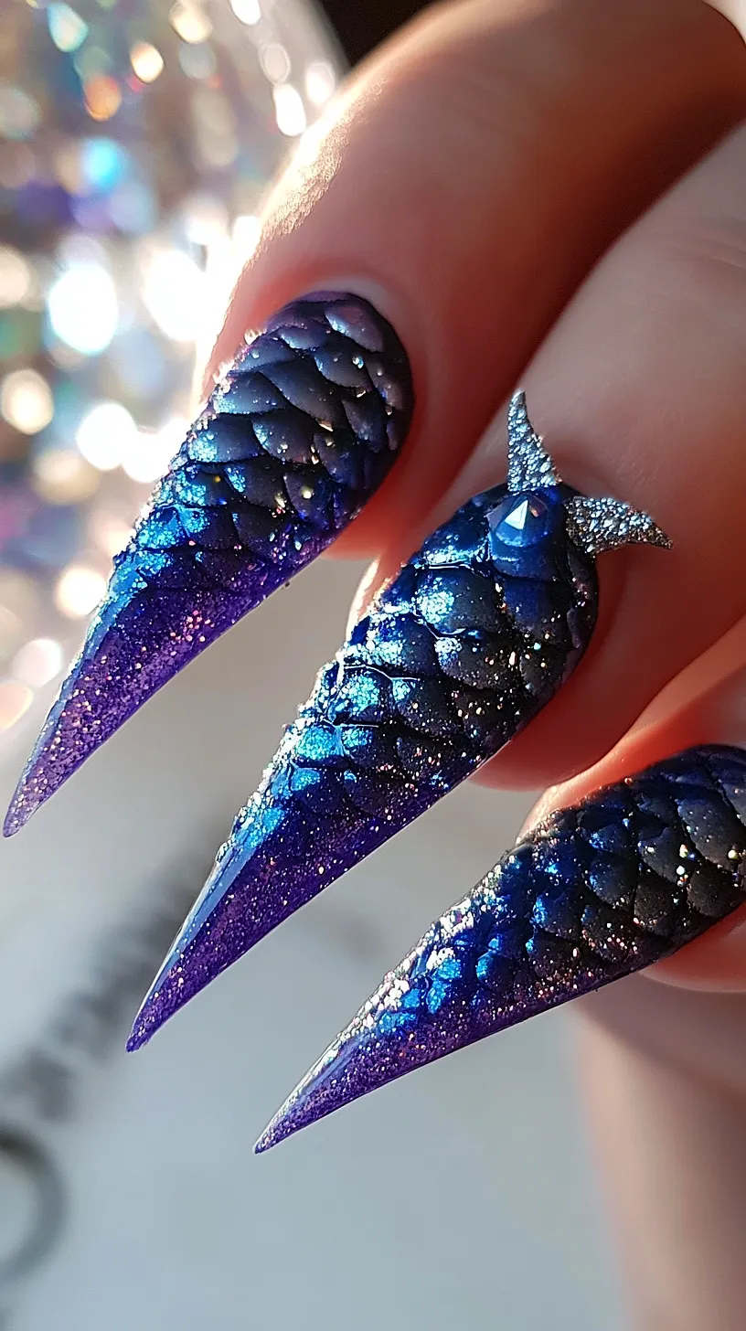 25+ Aesthetic Sea Witchery Nails You Will Adore 27 Alt-Text: Mermaid-inspired nail design featuring shades of blue and purple mixed with glitter, resembling underwater shimmer and fish scales. One nail is adorned with a small embellishment at the top, adding a unique detail. The design sparkles, evoking the feeling of being a mythical sea creature.