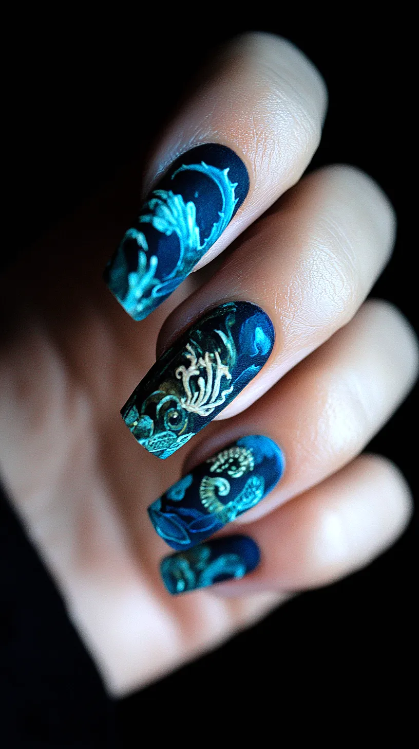 25+ Aesthetic Sea Witchery Nails You Will Adore 9 Image of an intricate nail art featuring an elegant blue and gold color scheme with detailed floral and ornate patterns, presenting the manicure as a work of art rather than just a simple beauty routine.