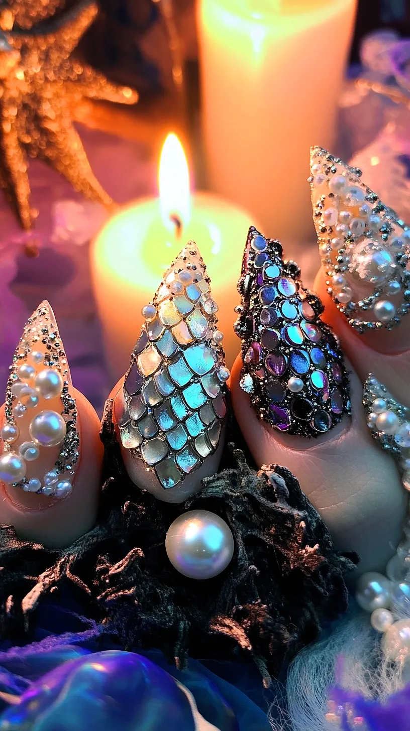 25+ Aesthetic Sea Witchery Nails You Will Adore 11 Image of pointed mermaid-themed nail art decorated with 3D pearls, scales, and gemstones creating an illusion of tiny, magical sea creatures. The nails have an iridescent shimmer. Lit candles in the background add a mystical, fantasy-like ambiance.