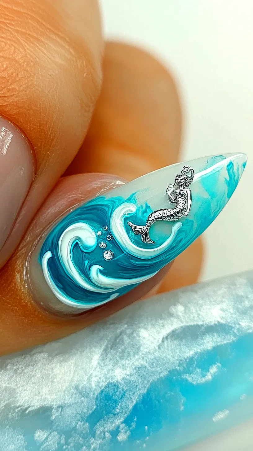 25+ Aesthetic Sea Witchery Nails You Will Adore 3 Close-up image of a hand showcasing unique nail art, featuring a blue and white pattern reminiscent of ocean waves, adorned with tiny silver mermaid embellishments, and enhanced by sparkling rhinestones and glitter.