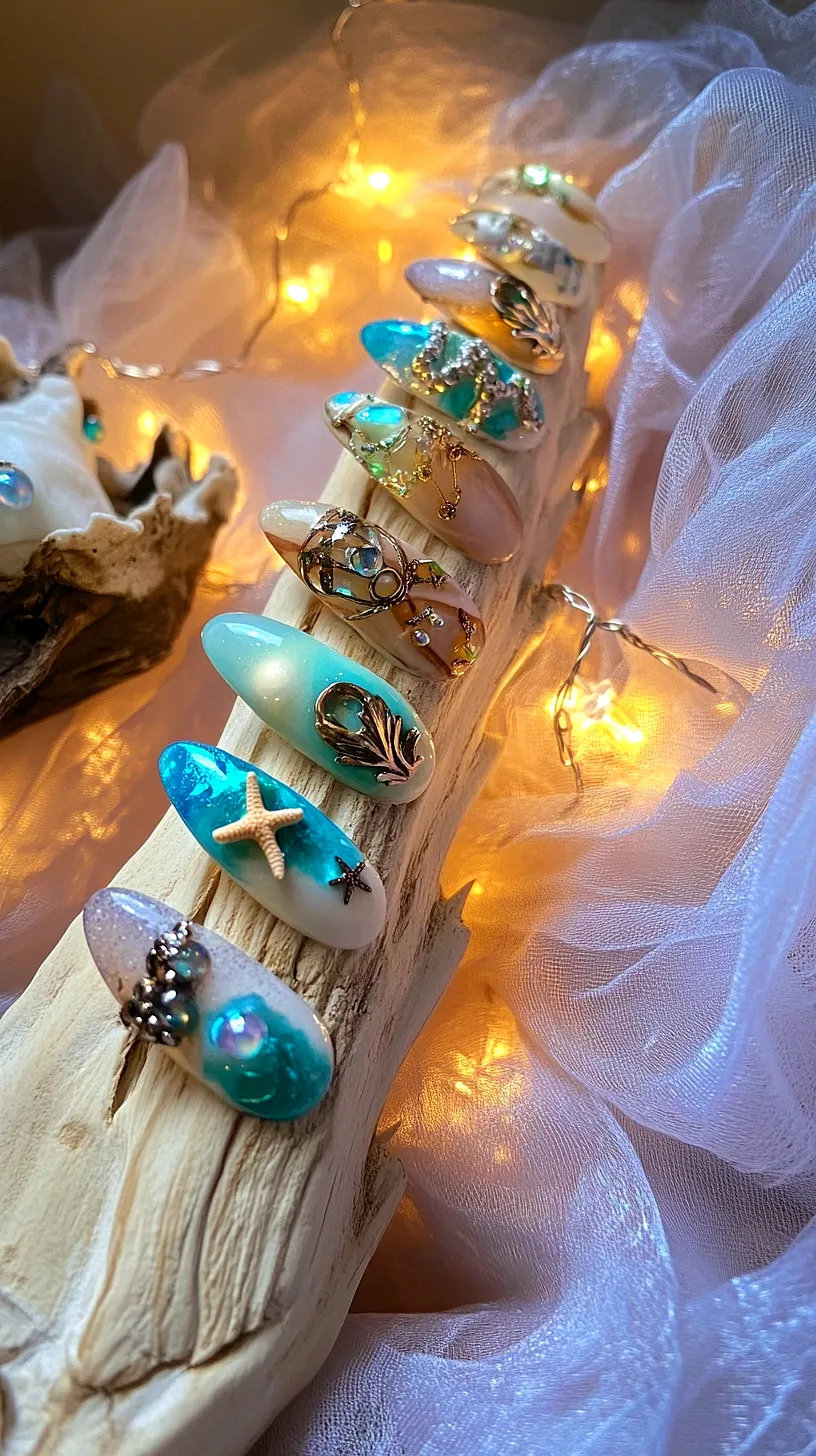 25+ Aesthetic Sea Witchery Nails You Will Adore 22 Image of intricately designed artificial nails adorned with ocean-themed embellishments such as starfish and seashells, and sparkling jewels. The nails are displayed against a backdrop of soft fabric and warm string lights, creating a cozy and luxurious ambiance.