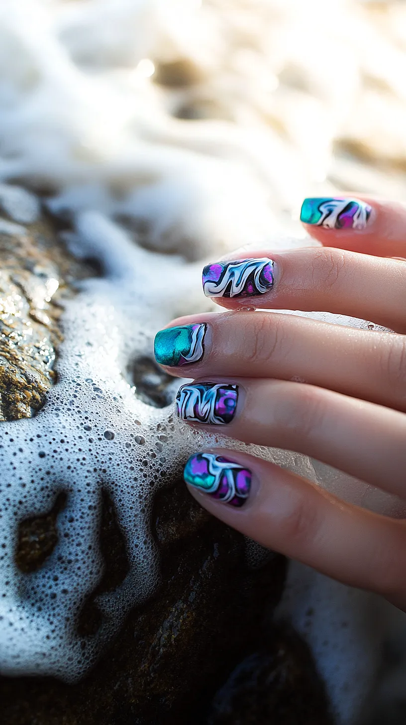 25+ Aesthetic Sea Witchery Nails You Will Adore 23 Image of a hand showcasing a marbled nail art design, featuring a vibrant mix of colors and swirling patterns, reminiscent of a magical ocean.