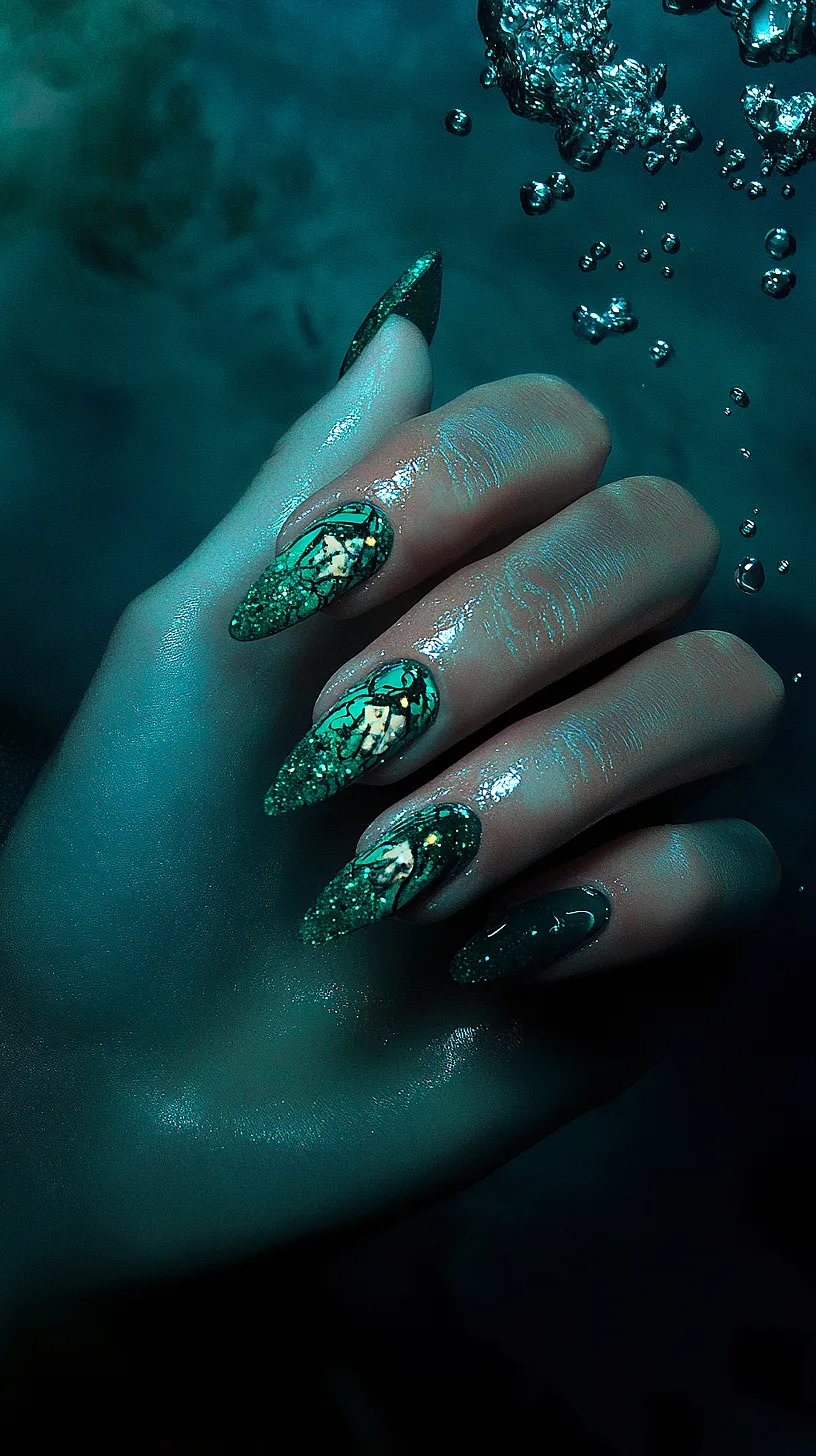 25+ Aesthetic Sea Witchery Nails You Will Adore 18 Image of a hand submerged underwater showcasing green and gold mermaid-inspired nail art with marbled patterns and glitter, surrounded by bubbles for a dramatic and glossy effect.