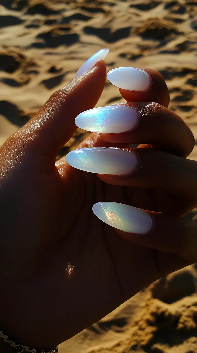 25+ Aesthetic Sea Witchery Nails You Will Adore 28 Long, almond-shaped nails with a glossy, iridescent white finish, reminiscent of seashells, against a beach background.