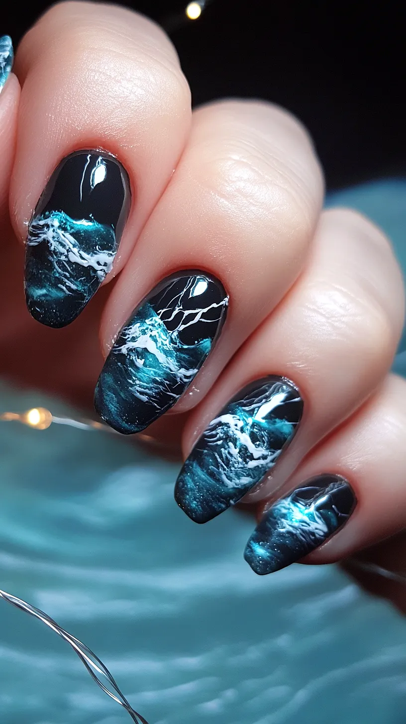 25+ Aesthetic Sea Witchery Nails You Will Adore 30 Image of a hand with ocean-themed nail art, featuring hand-painted waves and swirling sea patterns in deep blue and turquoise colors against a white background, creating a striking maritime effect.