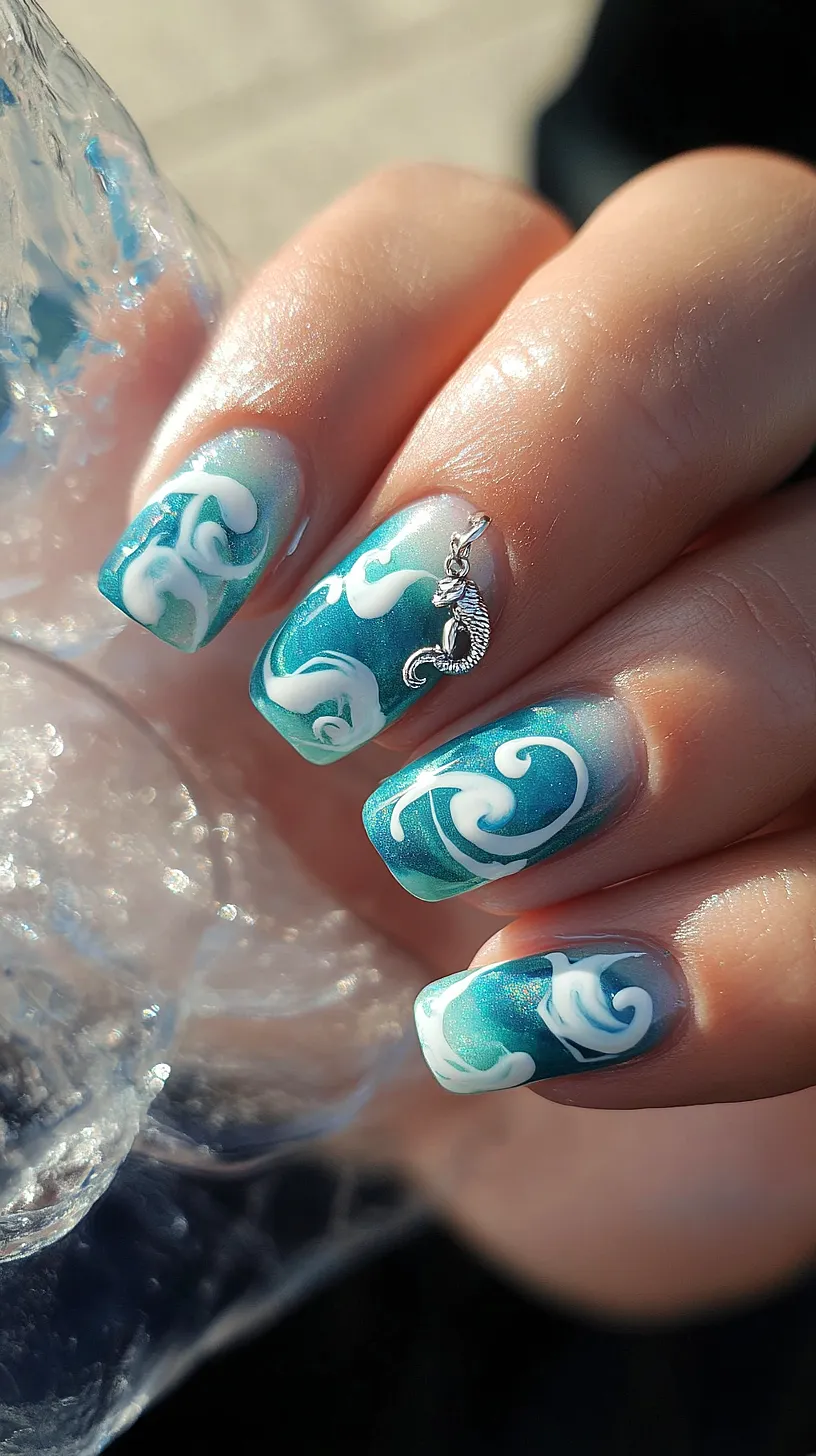 25+ Aesthetic Sea Witchery Nails You Will Adore 2 Ocean-themed nail design featuring a blue and white wave pattern, emitting a beachy vibe, accentuated with a whimsical seahorse charm.