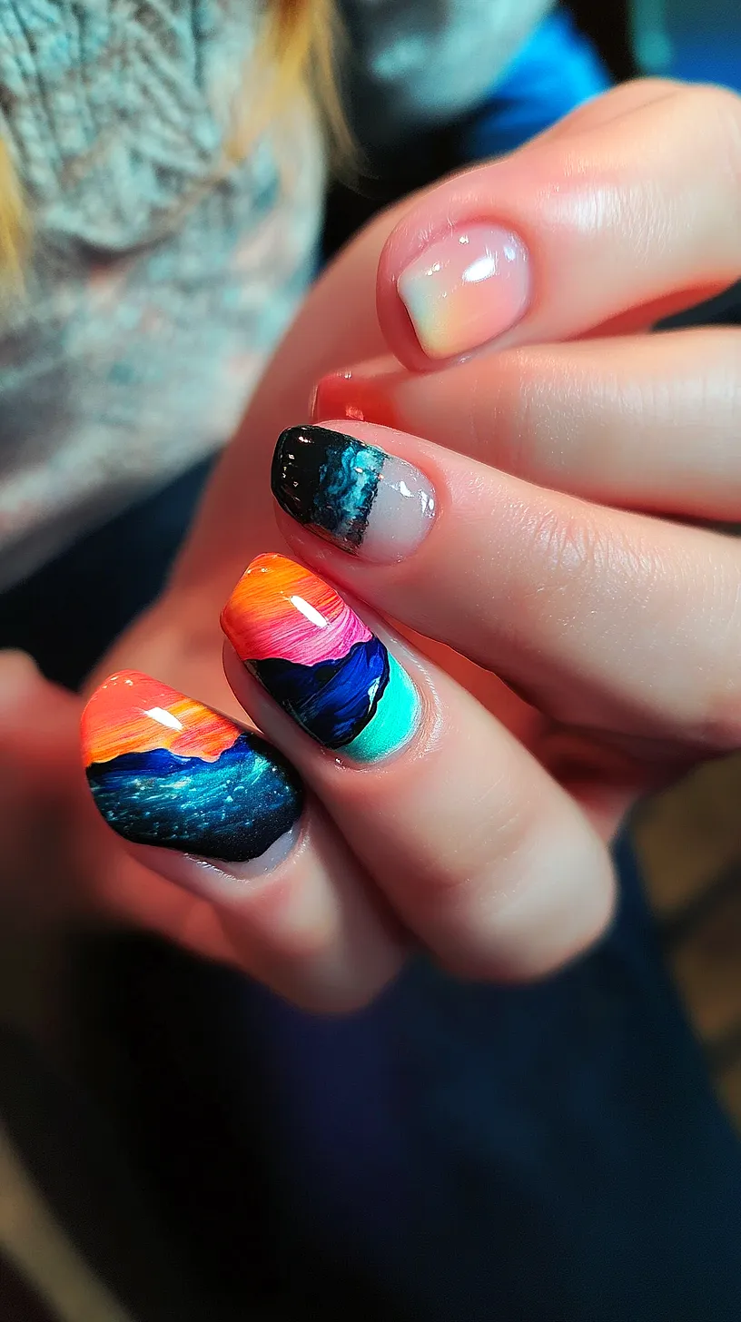 25+ Aesthetic Sea Witchery Nails You Will Adore 14 Vibrant sunset-inspired nail art featuring a detailed design and a charming gradient effect on one nail with soft pastel colors. The artwork is undefined, creative, and captivating.