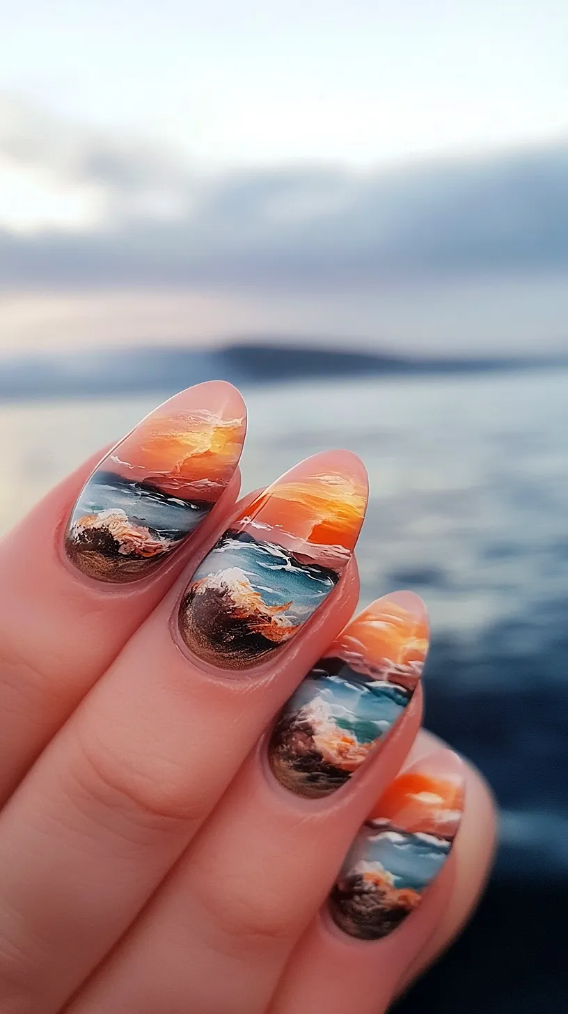 25+ Aesthetic Sea Witchery Nails You Will Adore 13 Image of a detailed nail art design featuring a serene ocean landscape. The design includes vibrant hues of sunset orange and blue, with intricate waves painted on. This unique design gives the impression of carrying a small piece of the ocean on your fingertips.