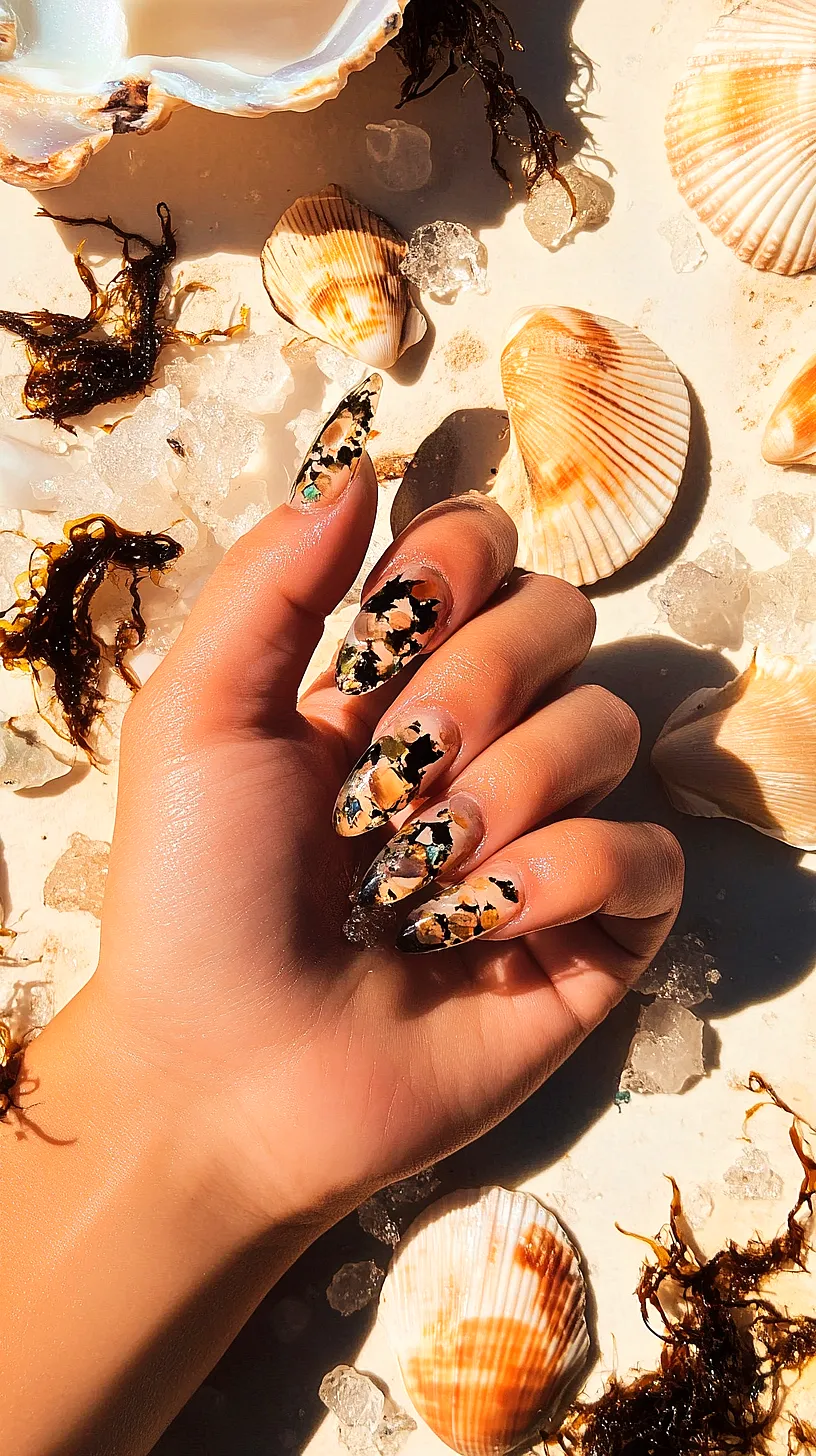 25+ Aesthetic Sea Witchery Nails You Will Adore 16 Hand with ocean-inspired nail art, featuring abstract, multicolored patterns reminiscent of sea hues, posed on a bed of seashells and seaweed.