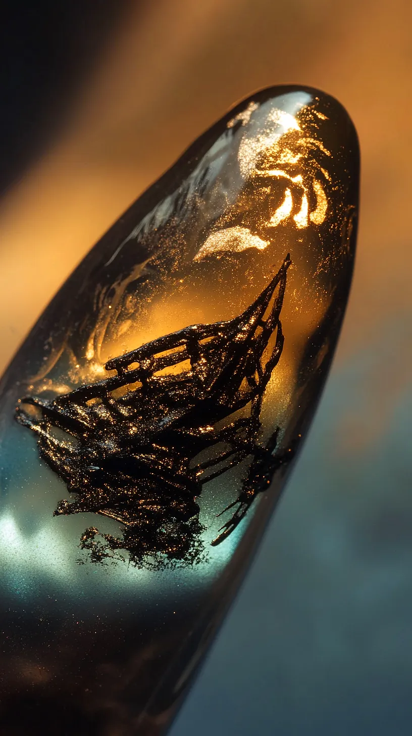 25+ Aesthetic Sea Witchery Nails You Will Adore 20 Close-up image of detailed fingernail art featuring a ship design against a shimmering background, embodying a miniature piece of dramatic art.