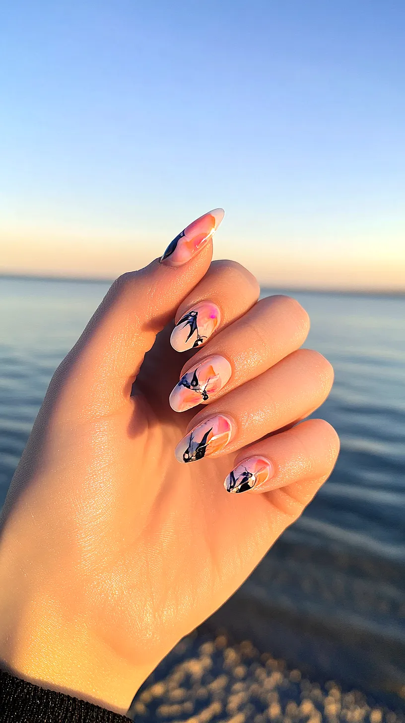 25+ Aesthetic Sea Witchery Nails You Will Adore 12 Sunset-inspired nail art design featuring a blend of pink, purple, and orange hues with black silhouette accents, evoking the beauty of a serene sunrise or sunset over a clear sky and water backdrop.