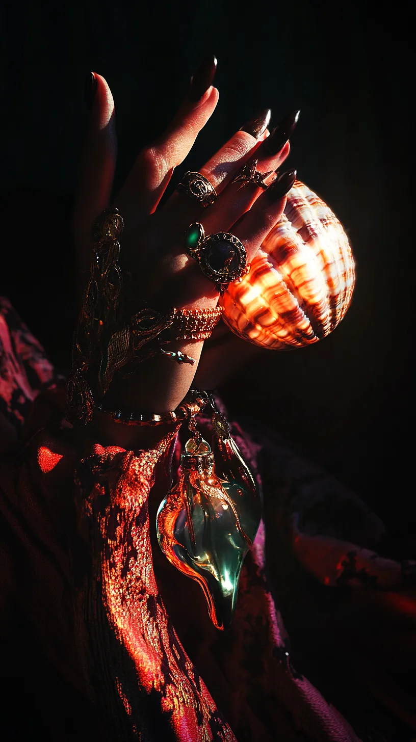 20+ Sea Witchery Villain Era Aesthetic Ideas You Need to Try 2025 8 Image of intricately designed jewelry illuminated by warm light, showcasing colorful gemstones set into rings and bracelets, and a decorative shell. The design is unique and captivating, suggesting a blend of accessory and art.