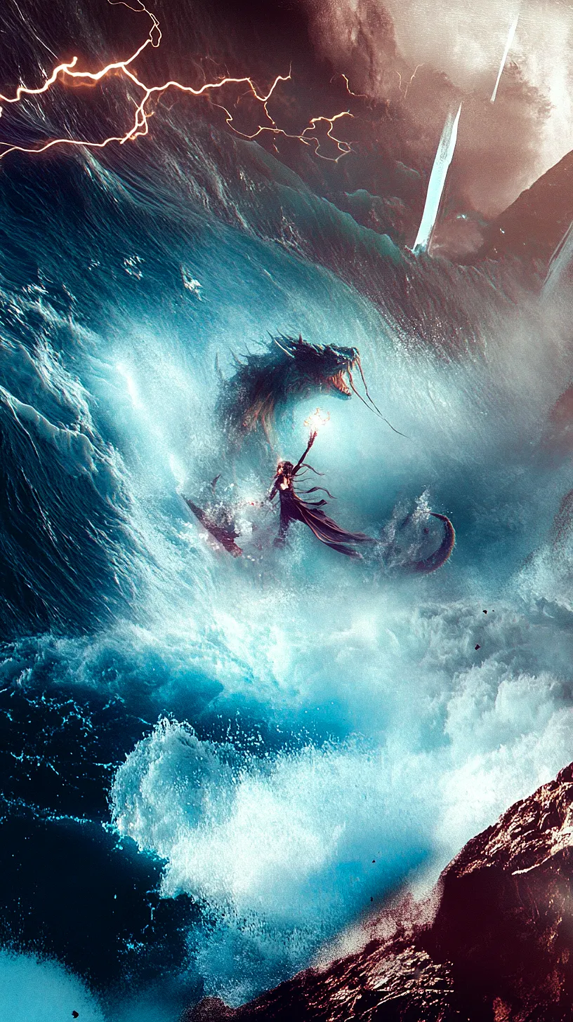20+ Sea Witchery Villain Era Aesthetic Ideas You Need to Try 2025 13 Alt-Text: An intense image depicting a magic-wielding warrior engaging in battle with a mythical sea dragon amidst a turbulent sea under a stormy sky pierced by lightning, encapsulating a sense of raw energy and adventure.