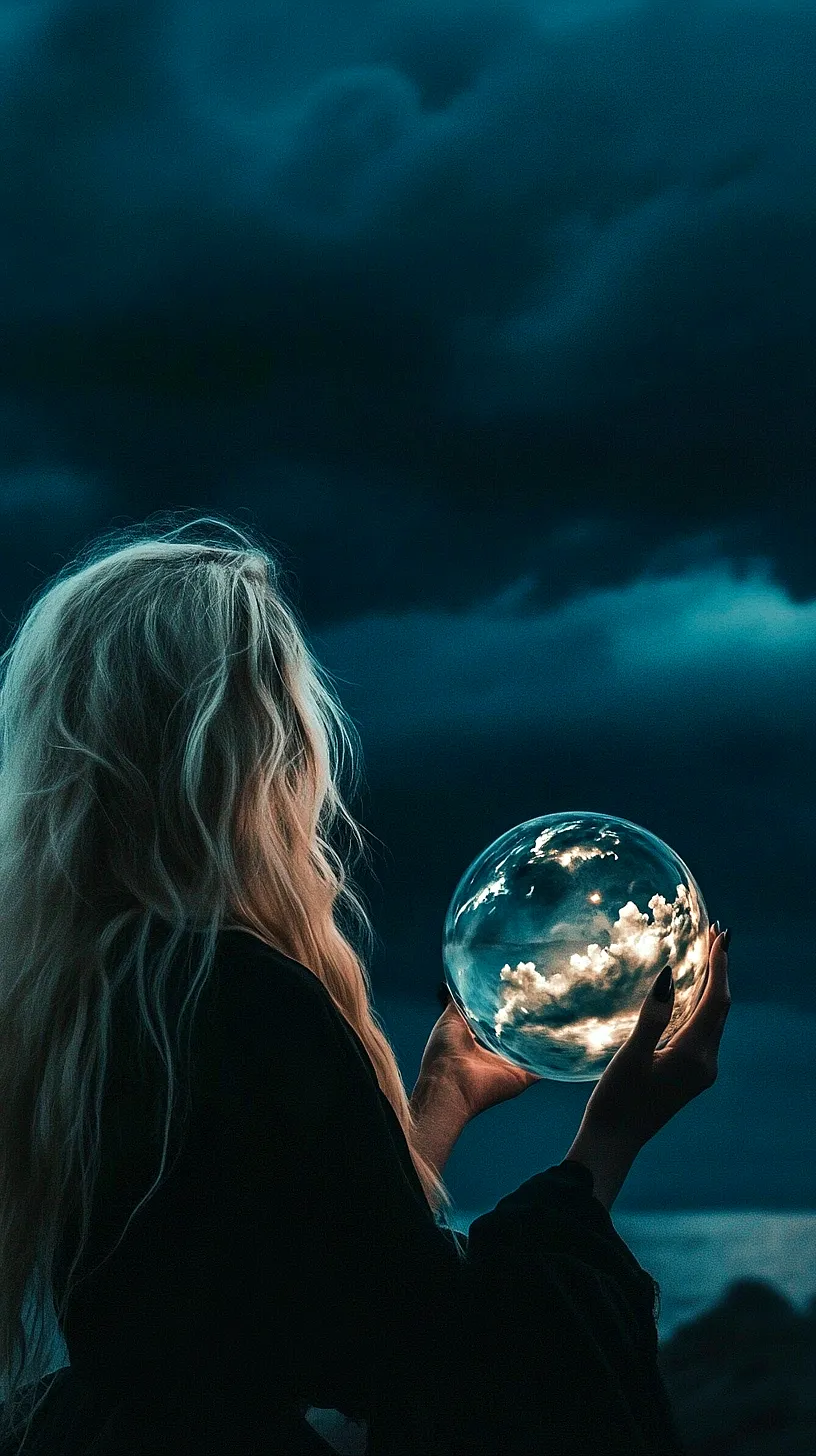20+ Sea Witchery Villain Era Aesthetic Ideas You Need to Try 2025 22 Image of a person with light hair standing against a dark, stormy sky, holding a glass sphere that reflects the cloudy atmosphere, creating a mysterious and ethereal aesthetic.