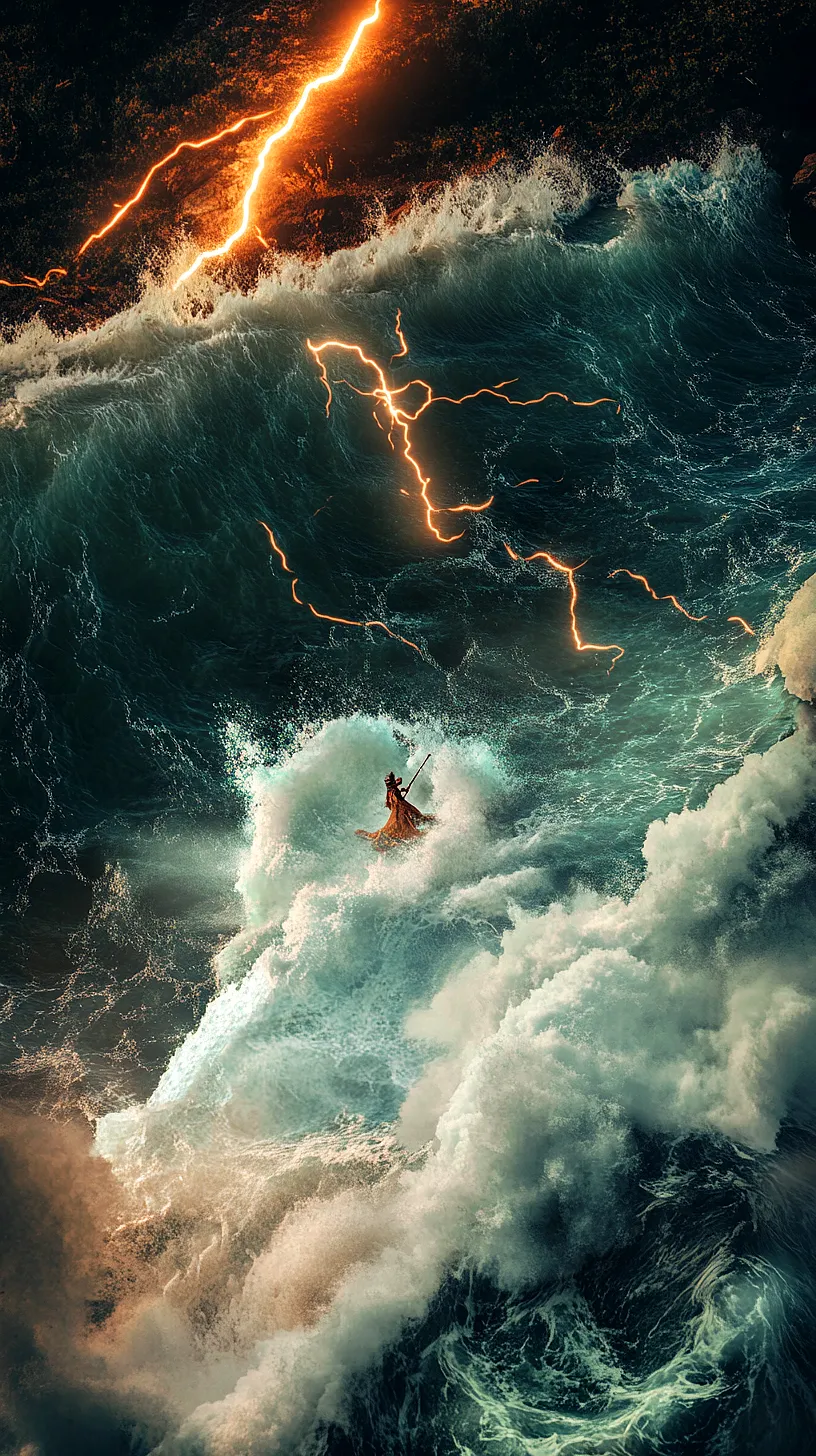 20+ Sea Witchery Villain Era Aesthetic Ideas You Need to Try 2025 12 A man standing in a thunderstorm at sea, holding a staff with waves crashing around him, illuminated by the glow of lightning, symbolizing strength and resilience.