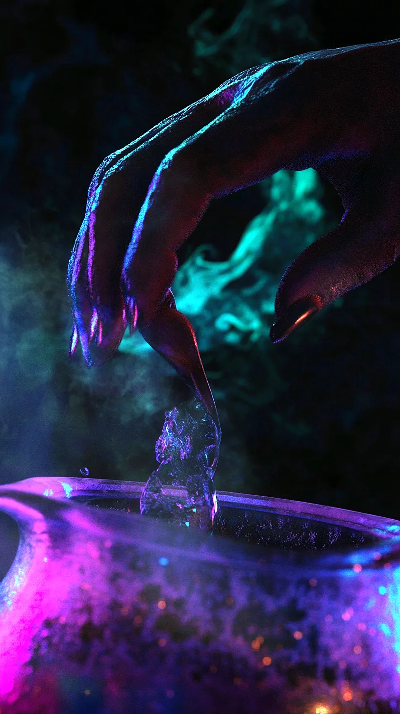 20+ Sea Witchery Villain Era Aesthetic Ideas You Need to Try 2025 18 A hand stirring a cauldron under a captivating blend of purple, blue, and pink light, with mysterious smoke rising, evoking a sense of wonder and curiosity.