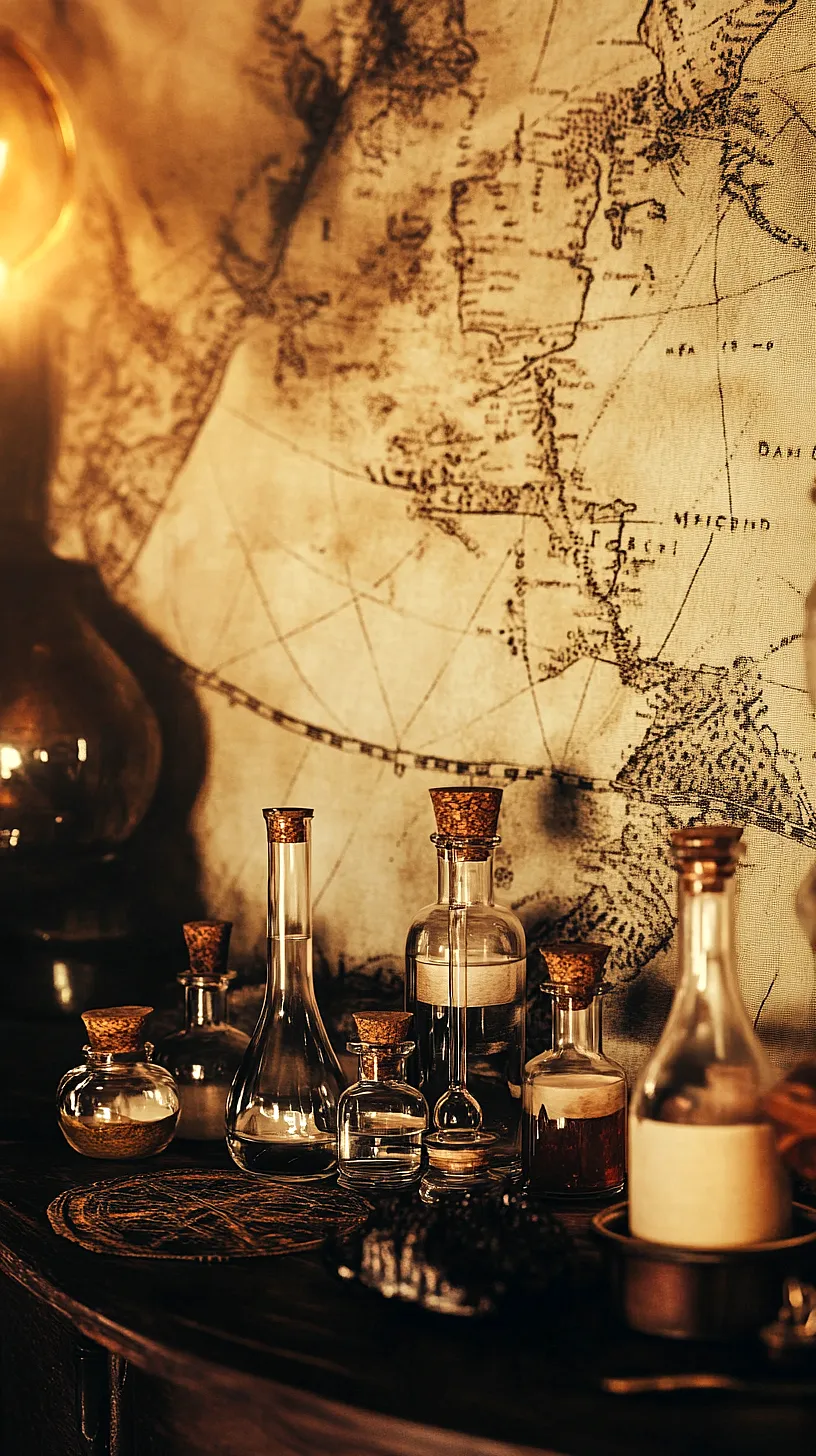 20+ Sea Witchery Villain Era Aesthetic Ideas You Need to Try 2025 6 Vintage-inspired design of various glass bottles and flasks, lit warmly against the background of an old map, evoking a sense of history, mystery, and timeless charm.