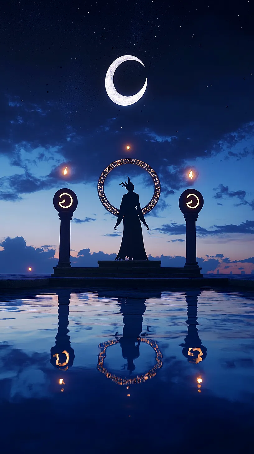 20+ Sea Witchery Villain Era Aesthetic Ideas You Need to Try 2025 10 An undefined figure stands symmetrically between two pillars under a crescent moon, with a captivating reflection in the water below.