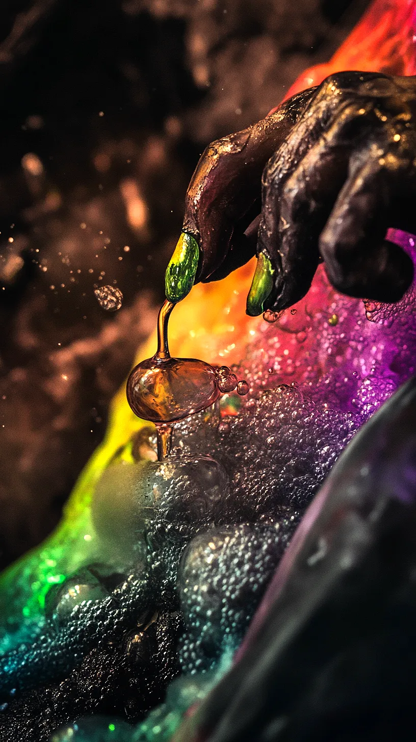 20+ Sea Witchery Villain Era Aesthetic Ideas You Need to Try 2025 17 Image of a hand with dark skin tone, sporting vibrant green nails, dipping into a kaleidoscopic liquid filled with mesmerizing colors. Bubbles and droplets create a tangible texture, under dramatic lighting.