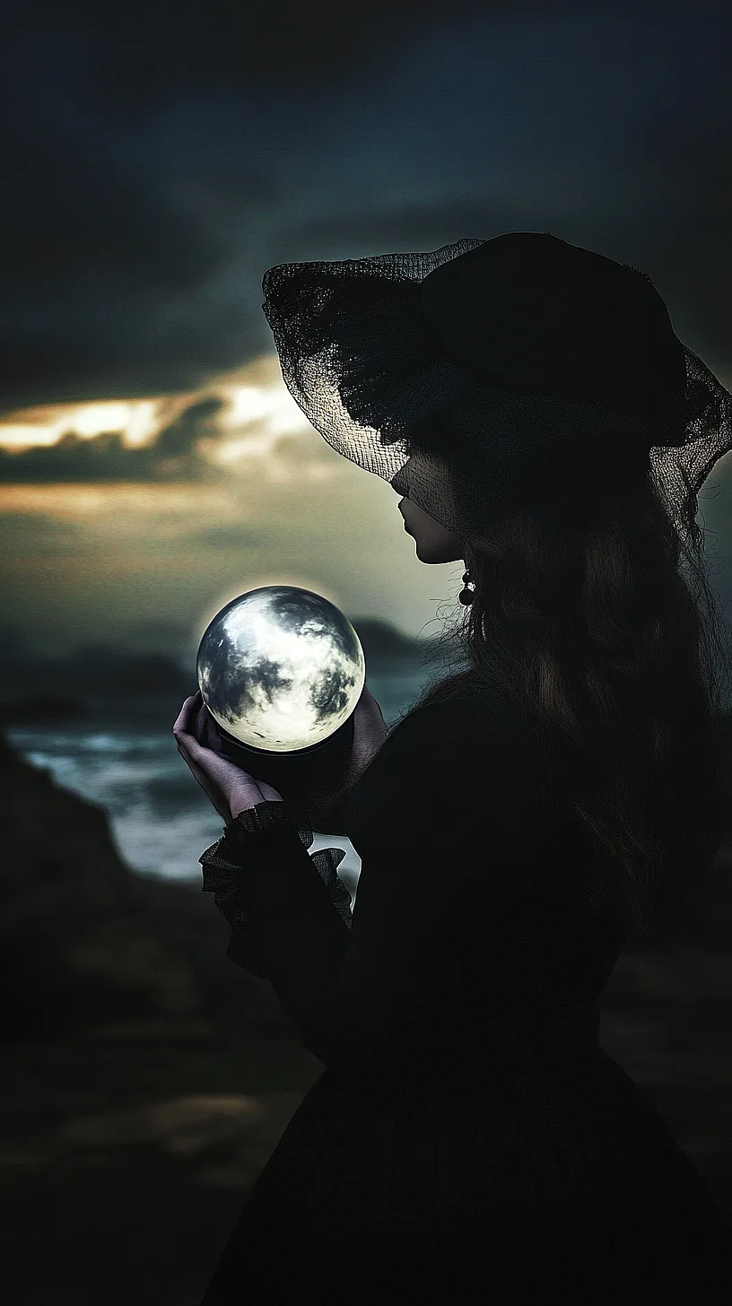20+ Sea Witchery Villain Era Aesthetic Ideas You Need to Try 2025 21 Alt-Text: Mysterious figure in a wide-brimmed hat holding a glowing orb stands in a dramatic, moonlit setting, possibly near a body of water, evoking a sense of mysticism and awe.