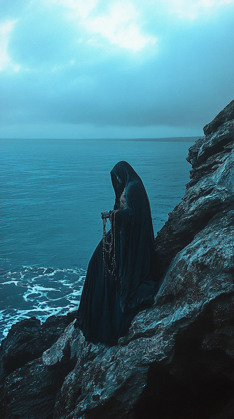 20+ Sea Witchery Villain Era Aesthetic Ideas You Need to Try 2025 4 An undefined figure draped in a dark cloak stands alone on a rocky cliff, holding chains or beads, overlooking a turbulent sea under a gloomy, cloudy sky, creating an eerie, mystical, and atmospheric scene.