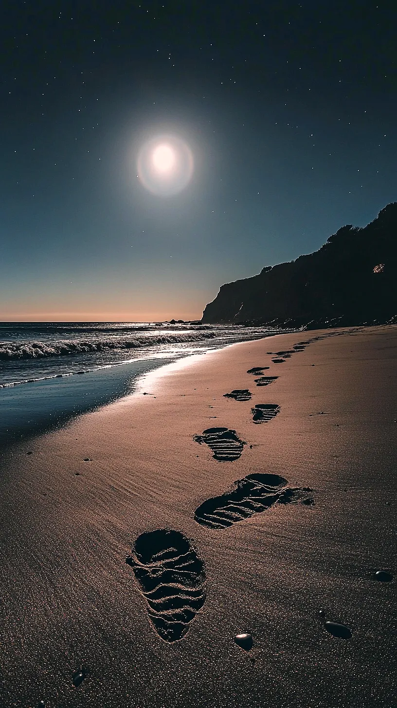 20+ Sea Witchery Villain Era Aesthetic Ideas You Need to Try 2025 19 Image of a serene beach at night illuminated by moonlight reflecting off ocean waves and wet sand. A rocky cliff silhouette in the distance and footprints leading towards it create a sense of mystery and adventure.