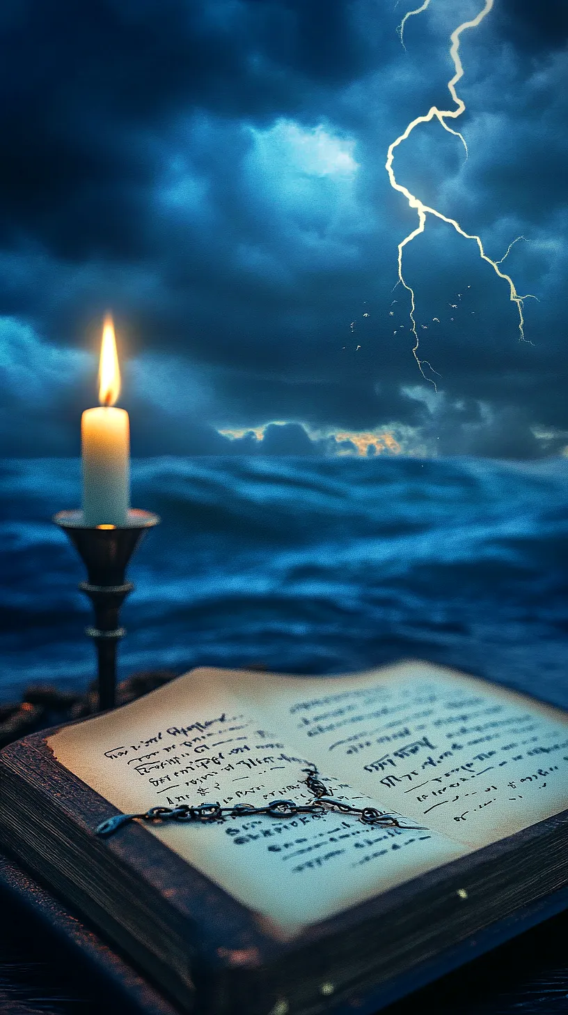 20+ Sea Witchery Villain Era Aesthetic Ideas You Need to Try 2025 2 Alt-Text: An open book with arcane text and a metal chain on its pages, illuminated by candlelight. A dramatic, stormy sea with a lightning bolt in the background adds to the eerie and suspenseful atmosphere of the scene.
