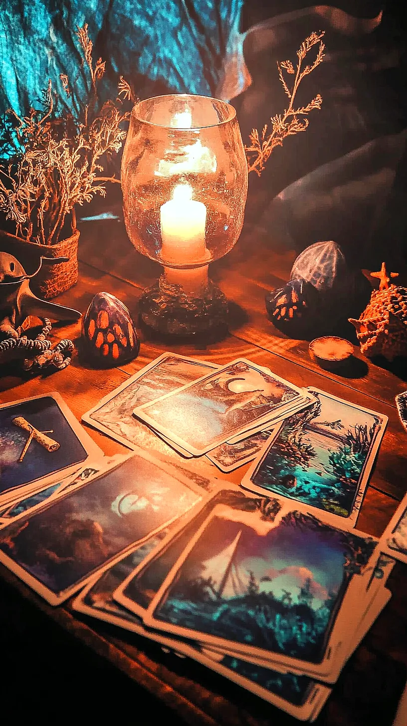 20+ Trendy Sea Witchery Wallpapers You Can't Get Around on Pinterest Right Now 20 An atmospheric image of a fortune-telling setup with tarot cards spread on a table, a candle in a glass holder providing warm ambient light, dried plants, a starfish, a polished stone, and potential crystals, creating a sense of tranquility, mystery, and intrigue.