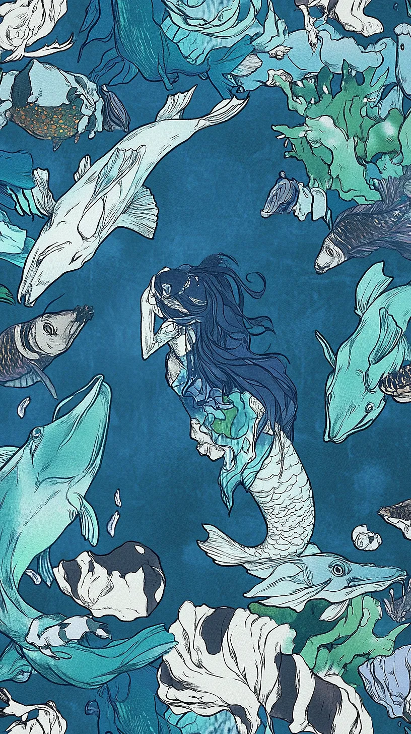 20+ Trendy Sea Witchery Wallpapers You Can't Get Around on Pinterest Right Now 9 Mermaid illustration in cool shades of blue and green, depicting the mermaid interacting with her sea creature friends, creating an enchanting underwater fantasy world.