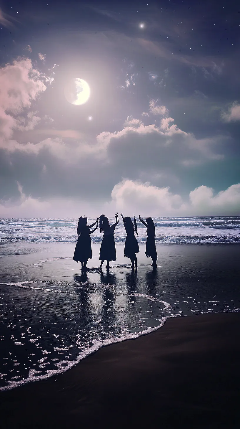 20+ Trendy Sea Witchery Wallpapers You Can't Get Around on Pinterest Right Now 7 Nighttime beach scene with four mysterious figures near the water, under the glow of a luminous moon. The moonlight and stars cast an ethereal light, reflecting beautifully on the water, creating a tranquil and dreamy atmosphere.