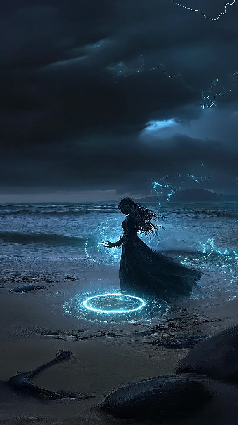 20+ Trendy Sea Witchery Wallpapers You Can't Get Around on Pinterest Right Now 18 A woman on a beach at night, her hands radiating with vibrant blue energy, against a backdrop of a stormy sky, creating an aura of magic and mystery.