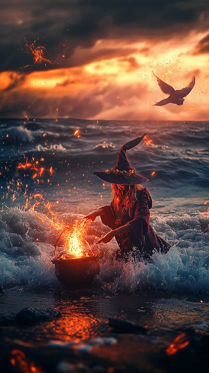 20+ Trendy Sea Witchery Wallpapers You Can't Get Around on Pinterest Right Now 22 A witch-like figure stirring a cauldron amidst ocean waves under a dramatic sunset, with sparks and fire arising, and a solitary bird flying overhead in a scene depicting magical realism.