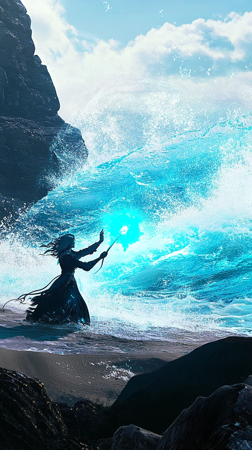 20+ Trendy Sea Witchery Wallpapers You Can't Get Around on Pinterest Right Now 21 A wizard casting a spell on a turbulent sea amidst rocky surroundings, with vibrant blue water, creating a dramatic, mysterious, and fantasy-like atmosphere.