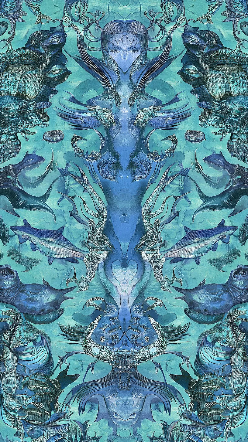 20+ Trendy Sea Witchery Wallpapers You Can't Get Around on Pinterest Right Now 8 Surreal, marine-themed illustration featuring abstract aquatic creatures, particularly fish, and imaginative sea life set against a vibrant blue background. The intricate, flowing design creates a dream-like underwater scene.