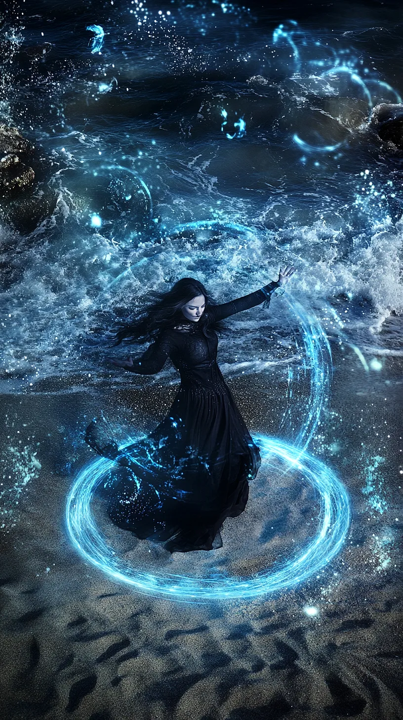 20+ Trendy Sea Witchery Wallpapers You Can't Get Around on Pinterest Right Now 16 Alt-Text: A mysterious figure in a dark robe on a sandy beach, manipulating vibrant blue and cyan energy, creating a mystical and fantastical scene, symbolizing a portal to another world.
