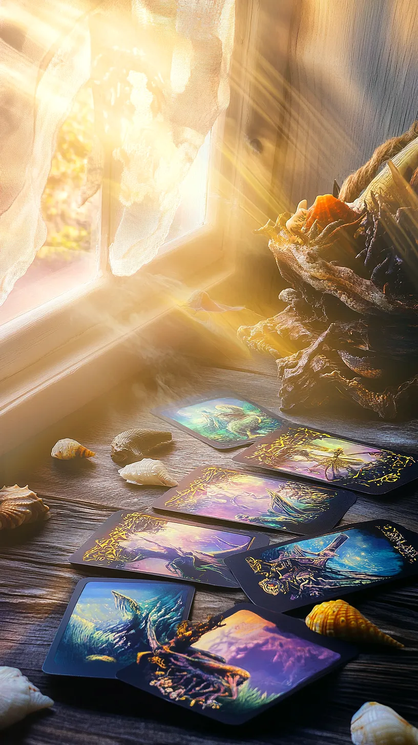 20+ Trendy Sea Witchery Wallpapers You Can't Get Around on Pinterest Right Now 19 Tarot card setup bathed in soft sunlight, with seashells and a piece of driftwood or coral in the background, creating a peaceful and mysterious ambiance.